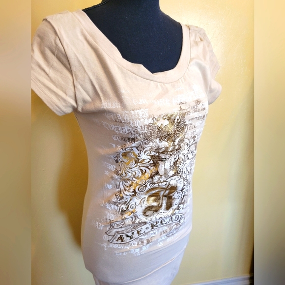 Venus - Womans Scoop Neck Tan blouse with Gold Embellished Design in front - Lg - Picture 4 of 8